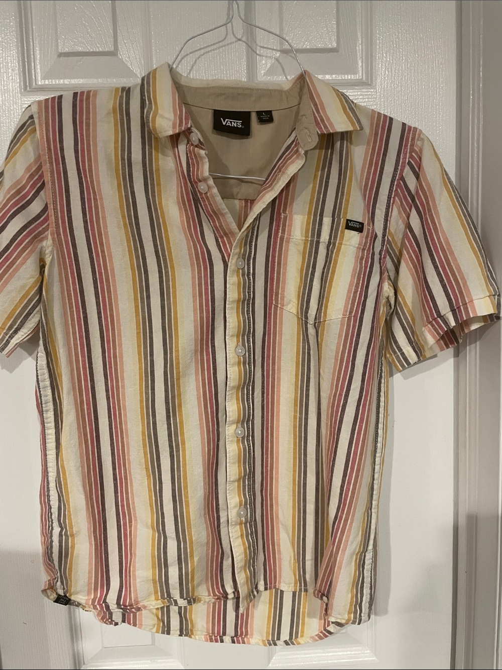 Vans Short Sleeve Striped Button-Up Shirt — Yellow, Red, Brown, White